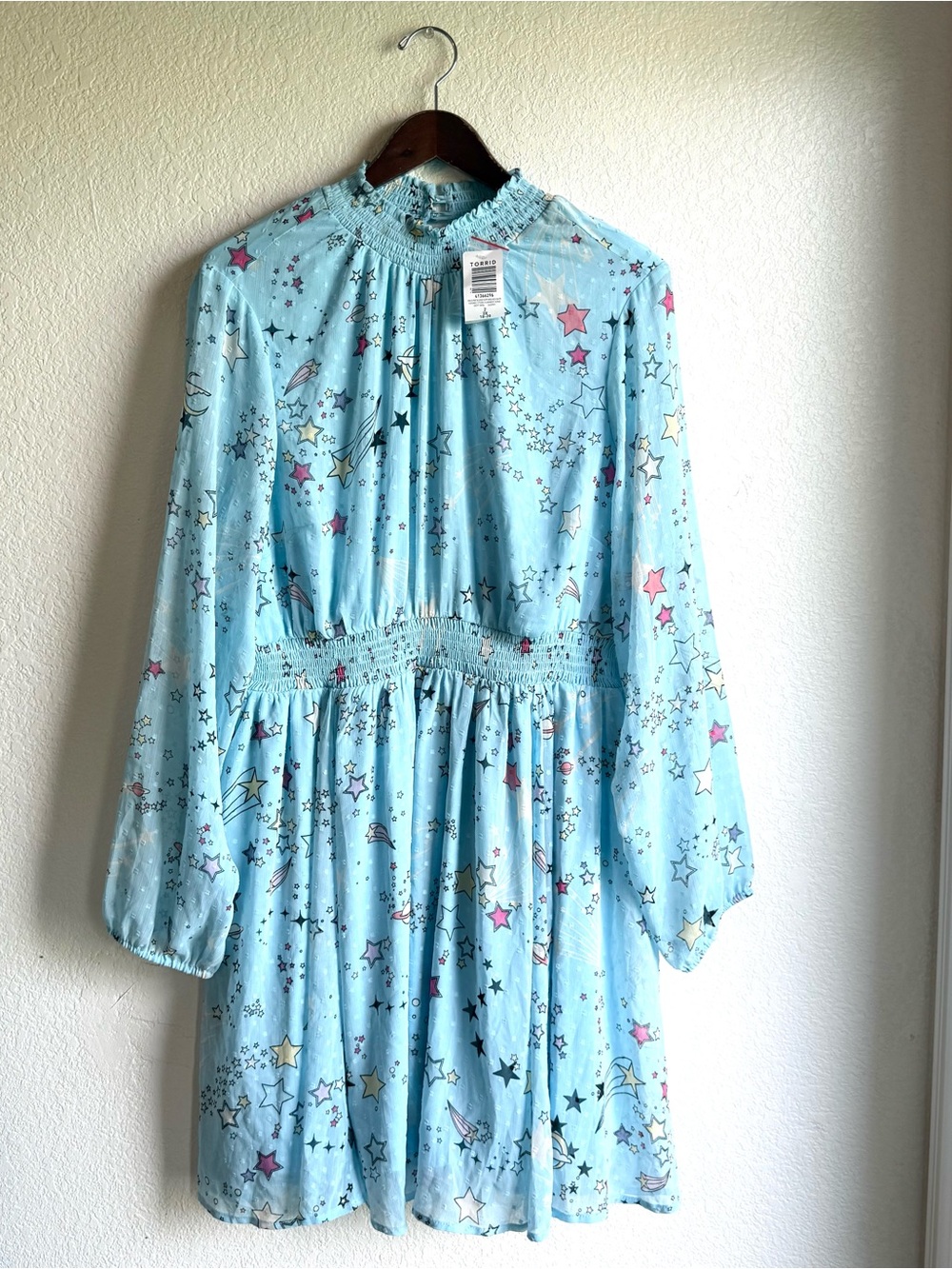 Torrid Womens Dress Blue Celestial Blouson Sleeve Mock Neck Cosmic Plus Size 2X - Picture 2 of 12